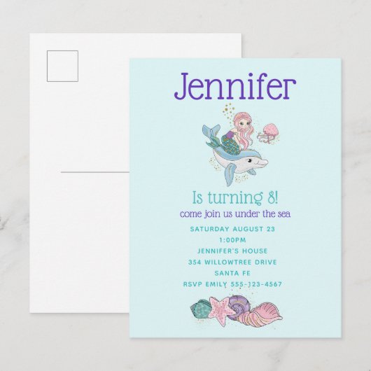 Mermaid Riding a Dolphin under the Zee Birthday Uitnodiging Briefkaart (Voorkant / Achterkant)