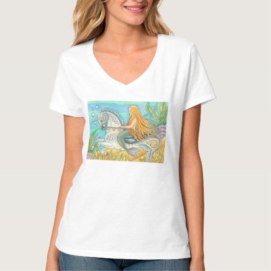 Mermaid Riding Merhorse Unicorn V NECK T SHIRT (Voorkant)