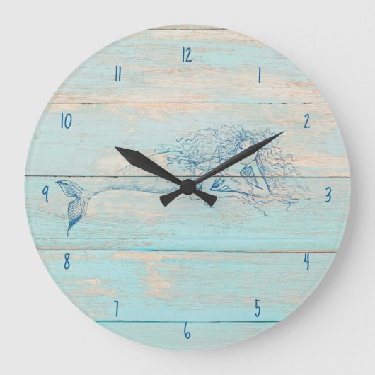 Mermaid Rustic Beach Wood Coastal Grote Klok (Voorkant)