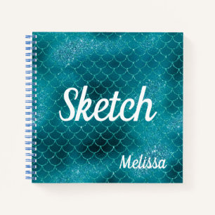 Mermaid Scale Blauwgroen Glitter Monogram Sketchbo Notitieboek