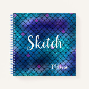 Mermaid Scale Blue Glitter Monogram Sketchbook nie Notitieboek