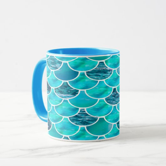 Mermaid scale patroon turquoise mineblauw mok (Voorkant links)