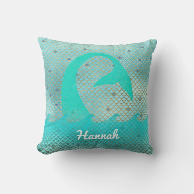 Mermaid Scales Aqua Blauwgroen Gold Custom Name Na Kussen (Voorkant)