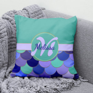 Mermaid Scales Aqua Blauwgroen & Paars Monogram Na Kussen