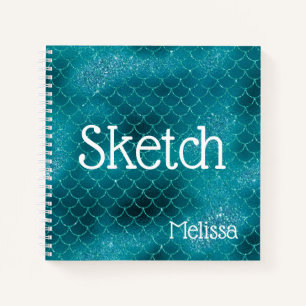 Mermaid Scales Blauwgroen Glitter Monogram Sketchb Notitieboek