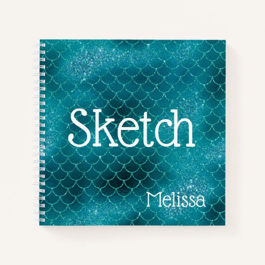 Mermaid Scales Blauwgroen Glitter Monogram Sketchb Notitieboek (Voorkant)