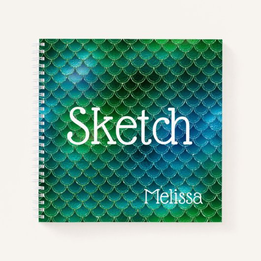 Mermaid Scales Blue Green Glitter Name Sketchbook Notitieboek (Voorkant)