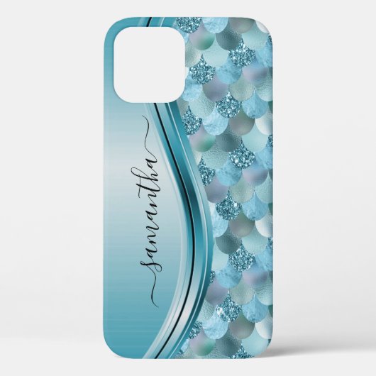Mermaid Scales Blue Handwrite Name Metal Case-Mate iPhone Case (Achterkant)
