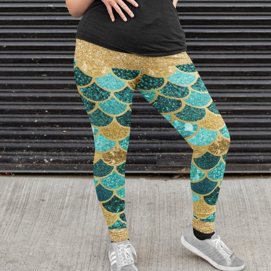 Mermaid Scales Colorful Gold Glitter Blauwgroen Leggings