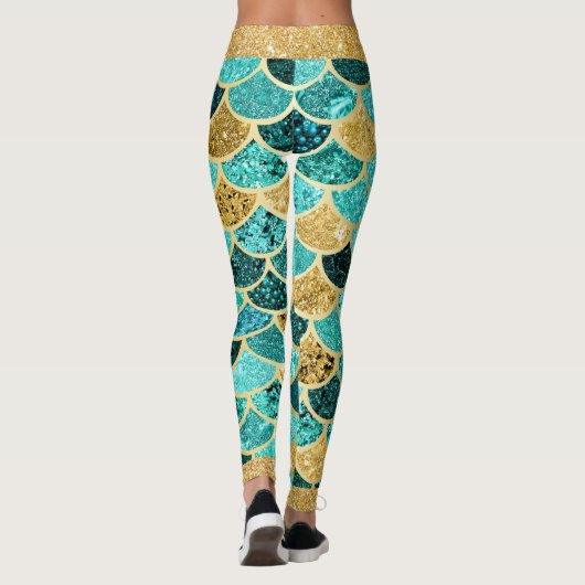 Mermaid Scales Colorful  Gold Glitter Blauwgroen Leggings (Achterkant)