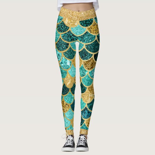 Mermaid Scales Colorful  Gold Glitter Blauwgroen Leggings (Voorkant)