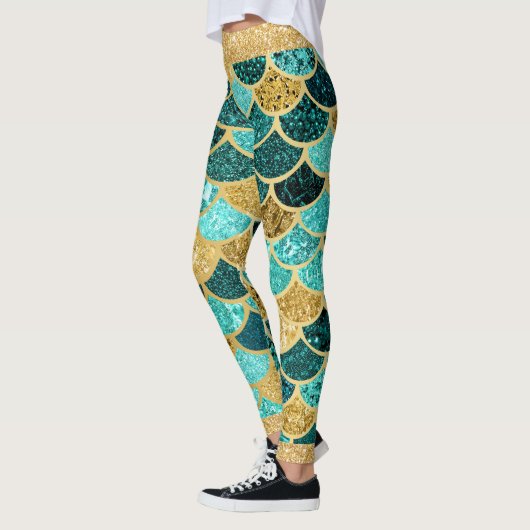 Mermaid Scales Colorful  Gold Glitter Blauwgroen Leggings (Links)