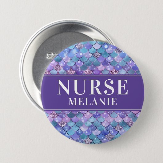 Mermaid Scales Glitter Nurse Name Button Badge (Voorkant /achterkant)