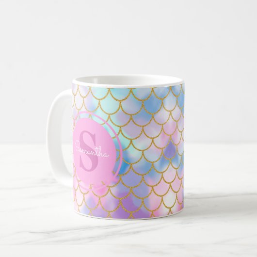 Mermaid Scales Gold Glitter Pattern Pink Monogram Koffiemok (Voorkant links)