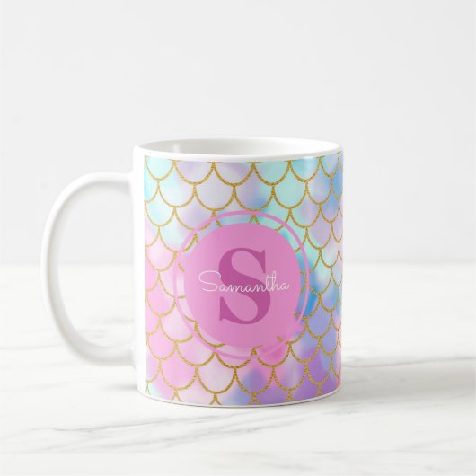 Mermaid Scales Gold Glitter Pattern Pink Monogram Koffiemok (Links)
