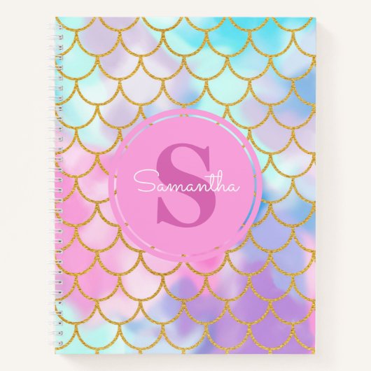 Mermaid Scales Gold Glitter Pattern Pink Monogram Notitieboek (Voorkant)