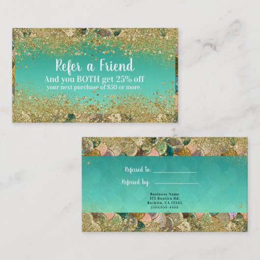 Mermaid Scales Gold Glitter Verwijs een Vriend Aanbevelingskaartje (Voorkant / Achterkant)