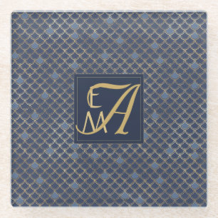 Mermaid Scales Monogram Navy Blue Gold Home Decor Glazen Onderzetter