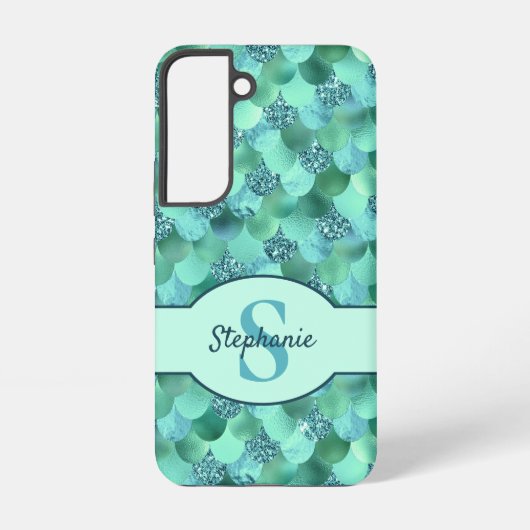 Mermaid Scales Monogram Zee Green Aqua Blue Samsung Galaxy Hoesje (Achterkant)