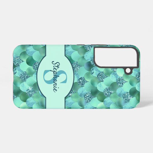 Mermaid Scales Monogram Zee Green Aqua Blue Samsung Galaxy Hoesje (Achterkant horizontaal)