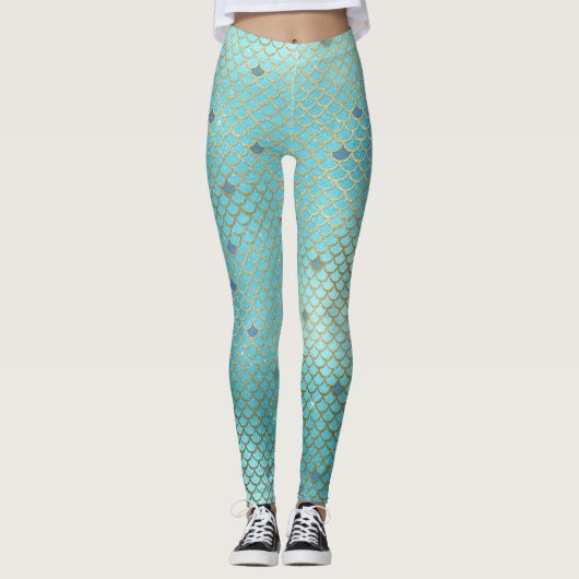 Mermaid Scales Scallops Pattern Aqua Blauwgroen Go Leggings (Voorkant)