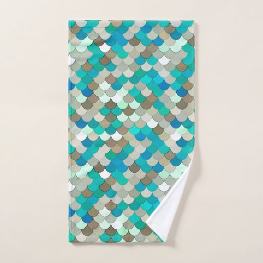 Mermaid Scales, Turquoise, Aqua, Taupe en Cream Bad Handdoek (Handdoek)