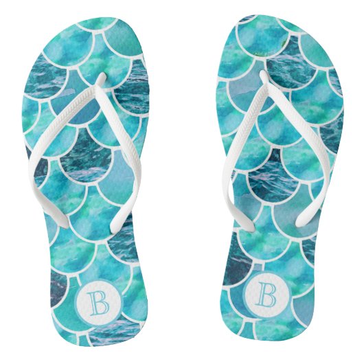 Mermaid scales turquoise aquamarine monogram teenslippers (Voetbed)
