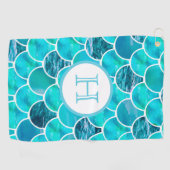 Mermaid scales turquoise green blue monogram golfhanddoek (Horizontaal)