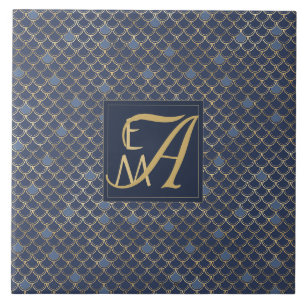 Mermaid Schubben Monogram Navyblauw Goud Huisdecor Tegeltje