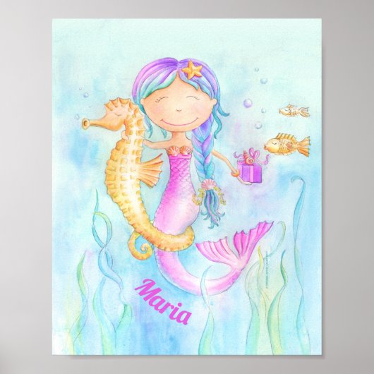 Mermaid seahorse waterverf art. poster (Voorkant)