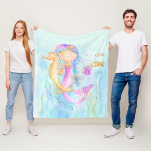 Mermaid seahorse whimsy waterverf douanenaam fleece deken