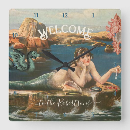 Mermaid Seashore Shells Zee Beach House Vierkante Klok (Voorkant)