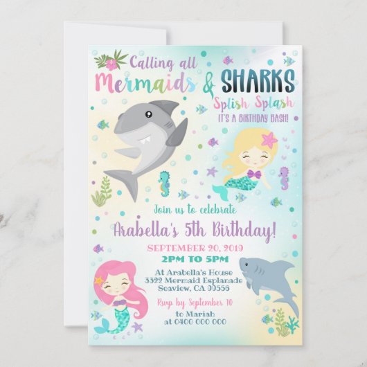 Mermaid Shark Invitation Boy Girl Invitation Kaart (Voorkant)