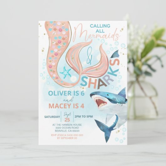 Mermaid Shark Verjaardag Uitnodiging gezamenlijke  (Staand voorkant)