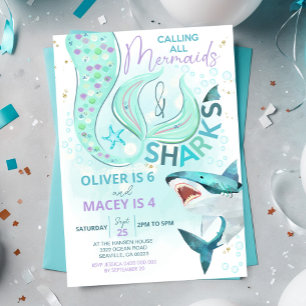 Mermaid Shark Verjaardag Uitnodiging gezamenlijke 