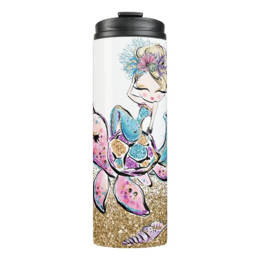*~* Mermaid Shells Monogram Glitter Zee Turtle Thermosbeker (Voorkant)
