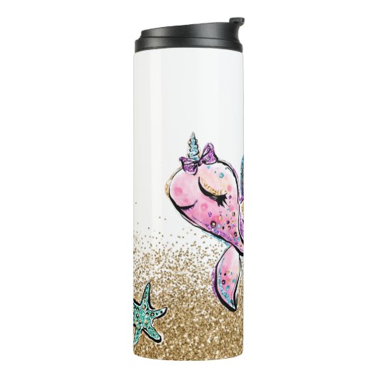 *~* Mermaid Shells Monogram Glitter Zee Turtle Thermosbeker (Gedraaid links)