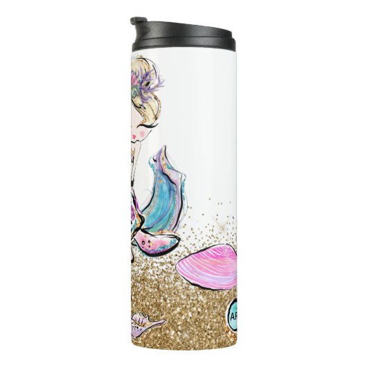 *~* Mermaid Shells Monogram Glitter Zee Turtle Thermosbeker (Geroteerd rechts)