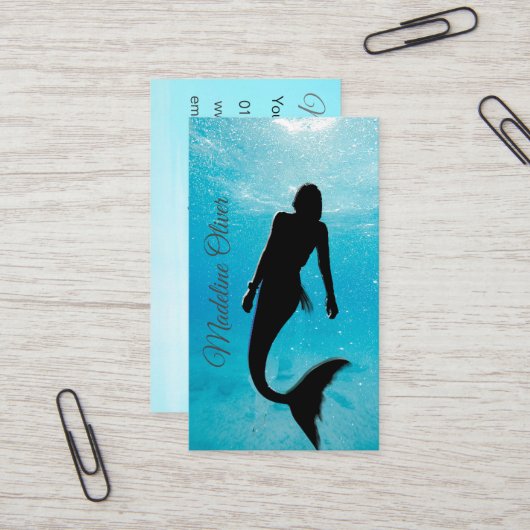 Mermaid Silhouette Blue Ocean QR Code Professional Visitekaartje (Voorkant / Achterkant in situ)