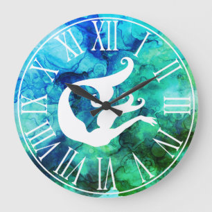 Mermaid Silhouette en Ocean Swirls Grote Klok