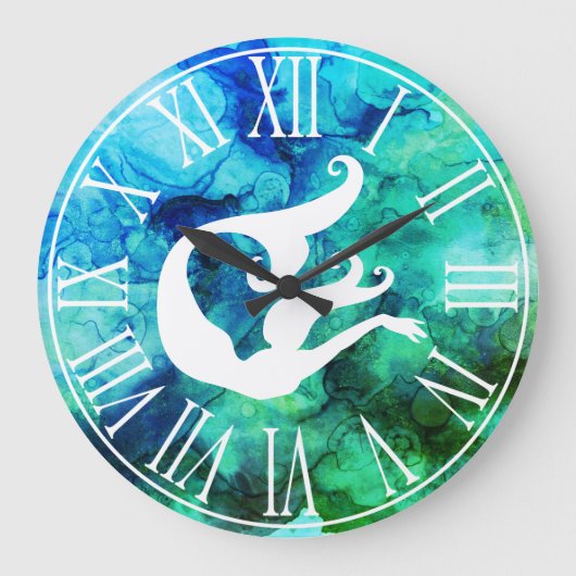 Mermaid Silhouette en Ocean Swirls Grote Klok (Voorkant)