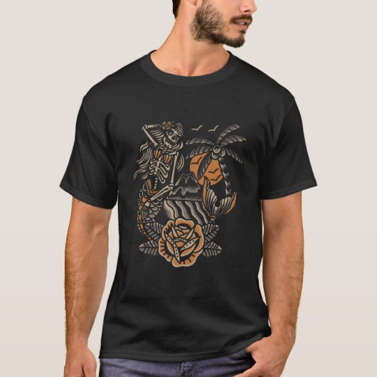 Mermaid Skeleton Traditional Tattoo Old School T-shirt (Voorkant)