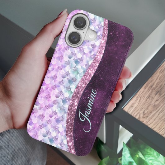Mermaid skin roink Silver Glitter monogram Case-Mate iPhone Case