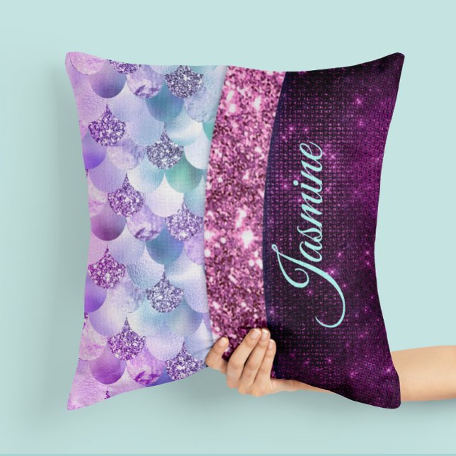 Mermaid skin roink Silver Glitter monogram Kussen (Creator heeft geüpload)