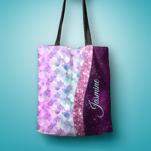 Mermaid skin roink Silver Glitter monogram Tote Bag