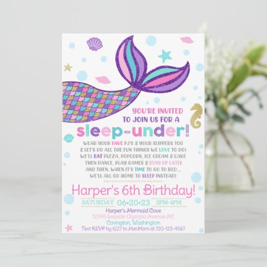 Mermaid Sleep-under-uitnodiging, Mermaid Invitatio Kaart (Staand voorkant)