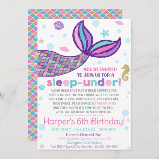 Mermaid Sleep-under-uitnodiging, Mermaid Invitatio Kaart (Voorkant / Achterkant)