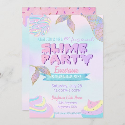 Mermaid slime Invitation, Slime Party nodig Kaart (Voorkant / Achterkant)