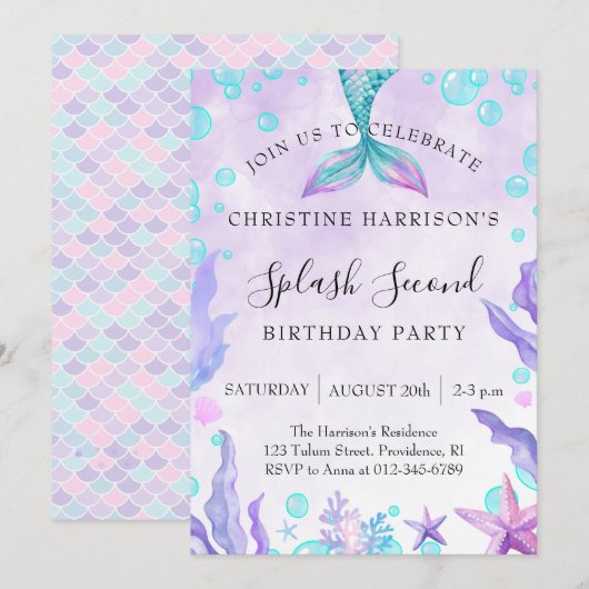 Mermaid Splash 2nd Birthday  Kaart (Voorkant / Achterkant)