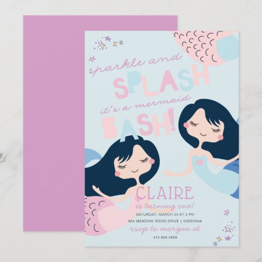 Mermaid Splish Splash Bash Birthday Kaart (Voorkant / Achterkant)